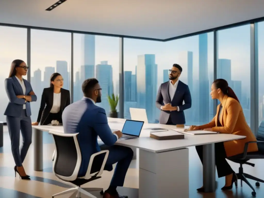 Equipo profesional de arquitectos y abogados en colaboración Equipo diverso de arquitectos y abogados discutiendo requisitos legales en una oficina moderna