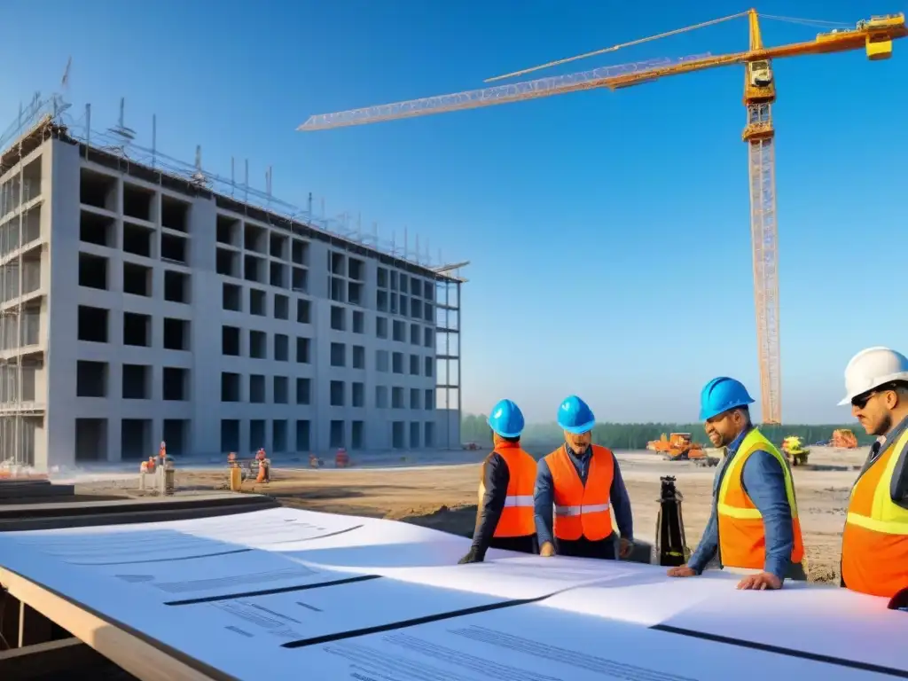 Equipo de arquitectos y ingenieros en obra moderna 8k Un equipo diverso de arquitectos y ingenieros colaborando en una obra moderna, mostrando profesionalismo y progreso