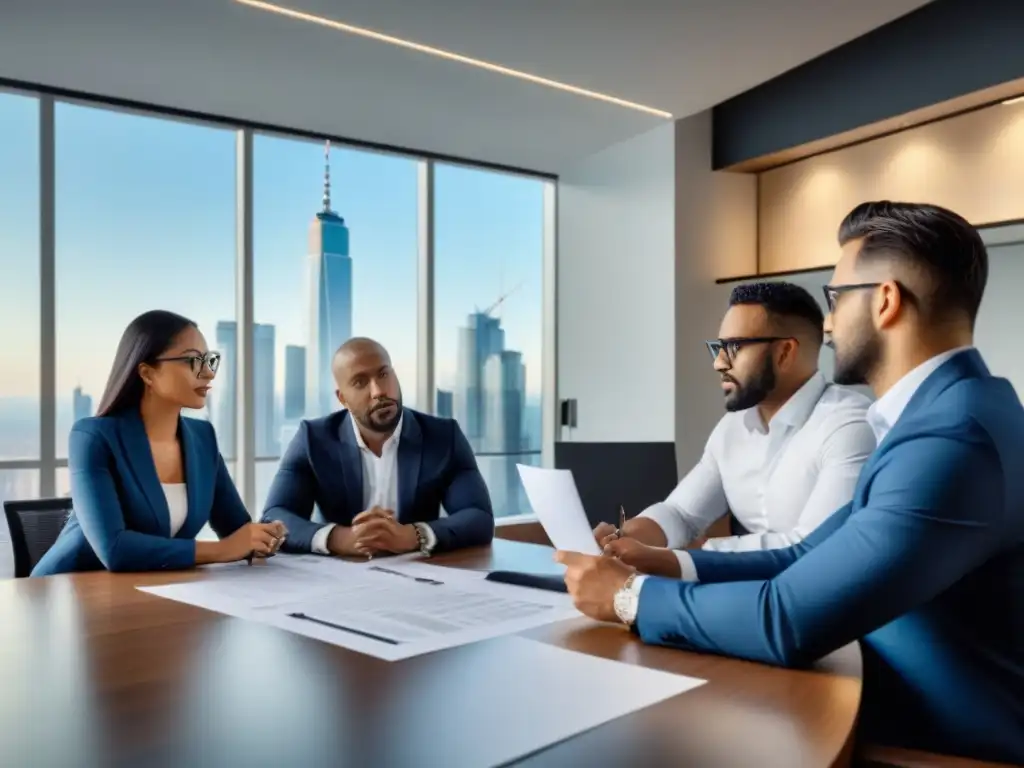 Equipo de expertos en legales y desarrollo inmobiliario en moderna oficina Un equipo diverso de asesores legales y desarrolladores inmobiliarios discuten requisitos legales en una oficina moderna