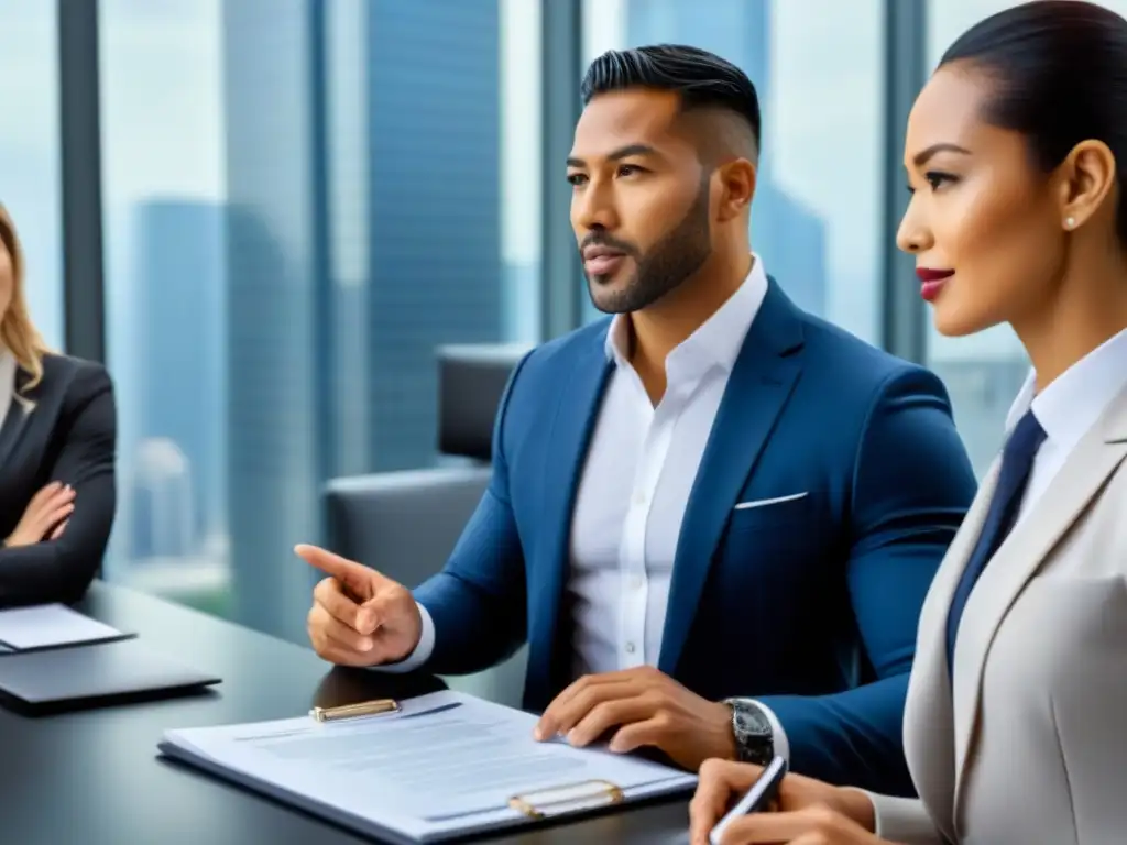 Equipo diverso en oficina moderna discutiendo transacción inmobiliaria Un equipo diverso de asesores legales acelerando una transacción inmobiliaria en una oficina moderna