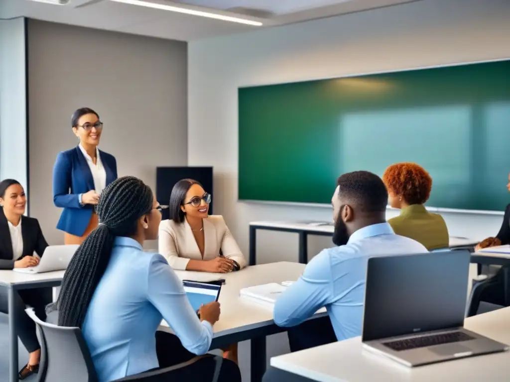 Profesionales en clase moderna discuten conceptos de gestión inmobiliaria Equipo diverso en aula moderna discutiendo conceptos de Certificación Gestión Propiedades Inmobiliarias
