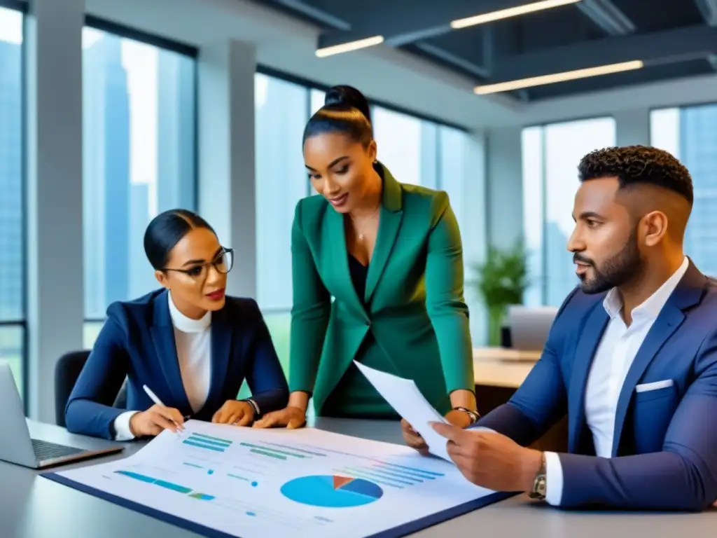 Equipo diverso colaborando en finanzas sostenibles Equipo diverso discutiendo beneficios préstamos inmobiliarios sostenibles en oficina moderna con tecnología y vegetación