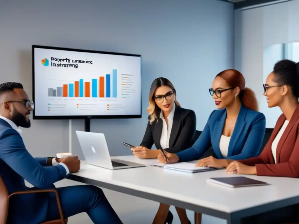 Equipo diverso crea estrategias innovadoras para seguros de propiedad Equipo diverso brainstorming estrategias de marketing de contenidos para seguros en oficina moderna