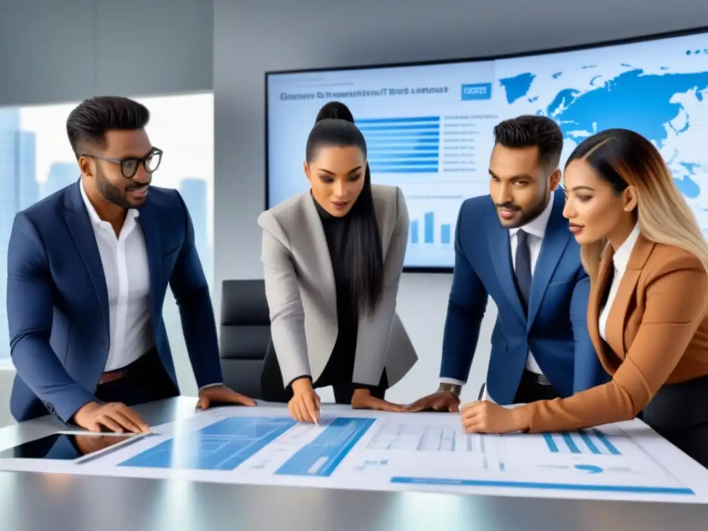 Equipo diverso planeando consejos financiamiento proyectos inmobiliarios en oficina moderna