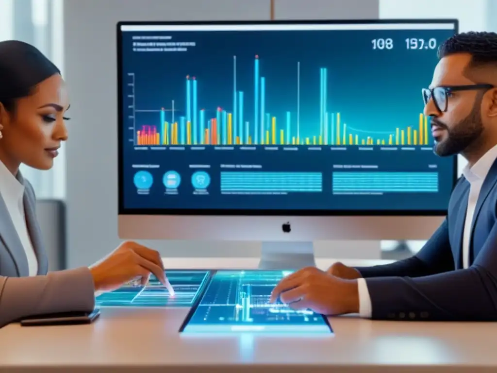 Equipo diverso analizando datos de marketing inmobiliario en holograma futurista