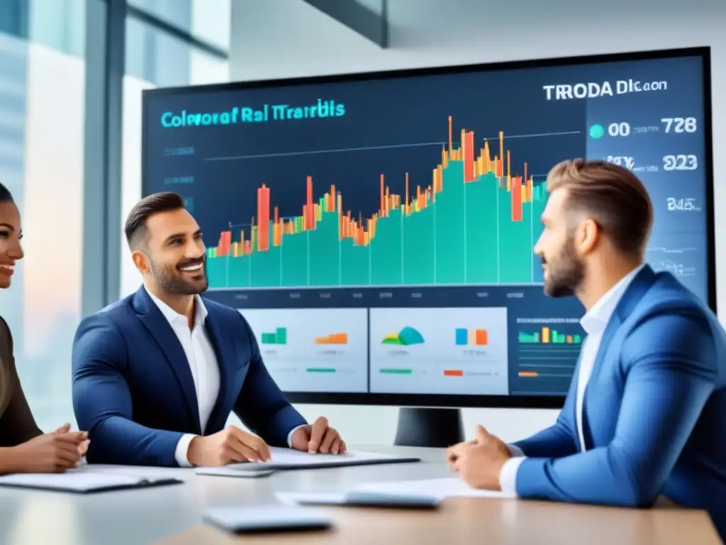 Equipo diverso analizando datos inmobiliarios con big data Un equipo diverso analizando datos del mercado inmobiliario en una pantalla, destacando la inversión inmobiliaria basada en datos