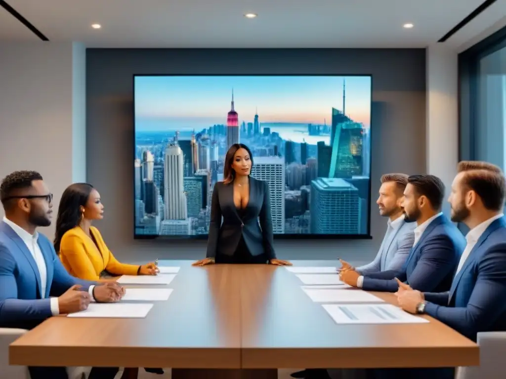 Reunión estratégica de desarrolladores inmobiliarios en moderno boardroom Equipo diverso de desarrolladores inmobiliarios discutiendo estrategias para la obtención de fondos en una moderna sala de juntas