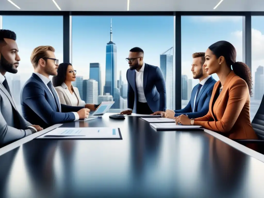 Equipo diverso discutiendo documentos financieros en oficina futurista