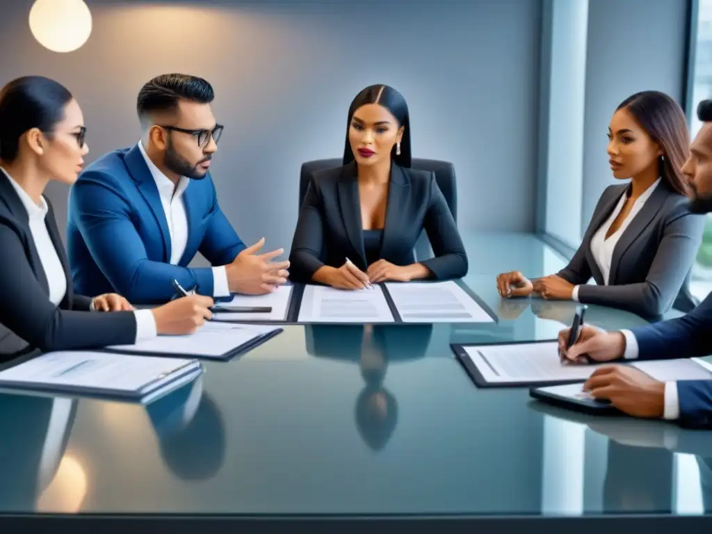 Reunión estratégica de negocios en oficina moderna Equipo diverso analiza documentos financieros en oficina moderna