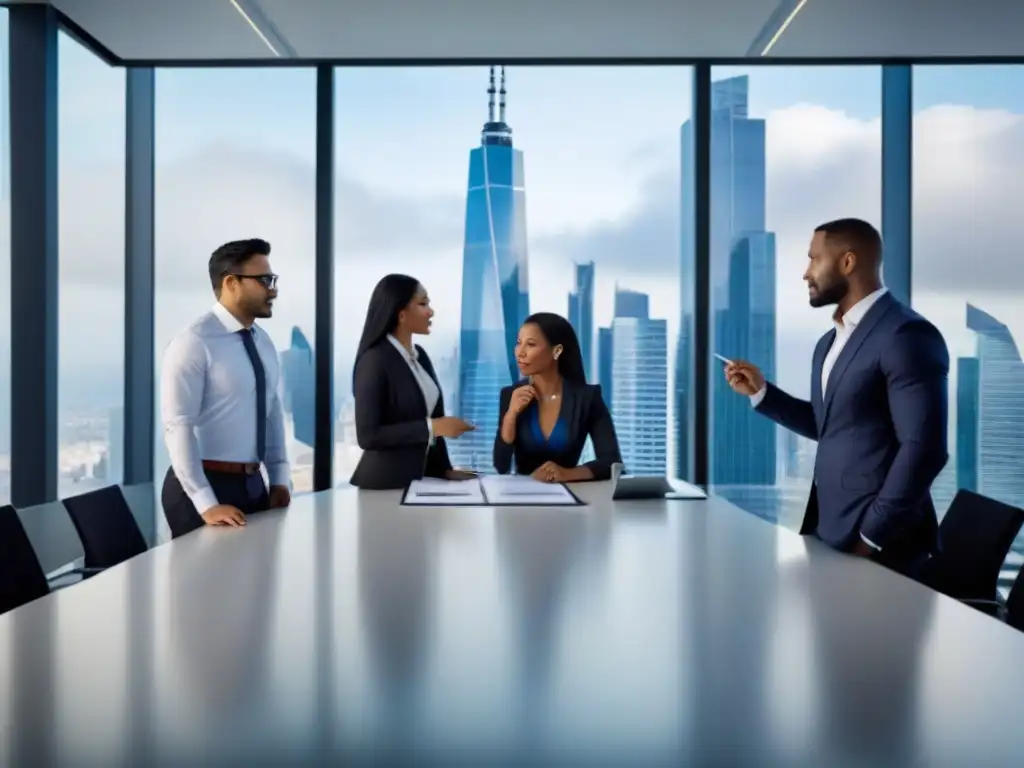Profesionales financieros innovadores colaborando en oficina moderna Equipo diverso discutiendo documentos financieros y colaborando en oficina moderna con vista a la ciudad