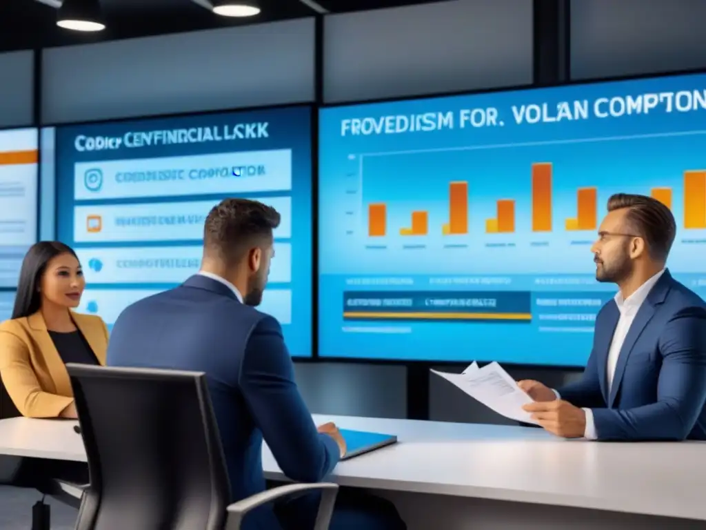 Profesionales revisan documentos y planes financieros en oficina moderna Equipo diverso revisando documentos y discutiendo planes financieros en oficina moderna, con pantallas digitales mostrando gráficos y tablas, simbolizando preparación detallada para solicitud crédito inmobiliario