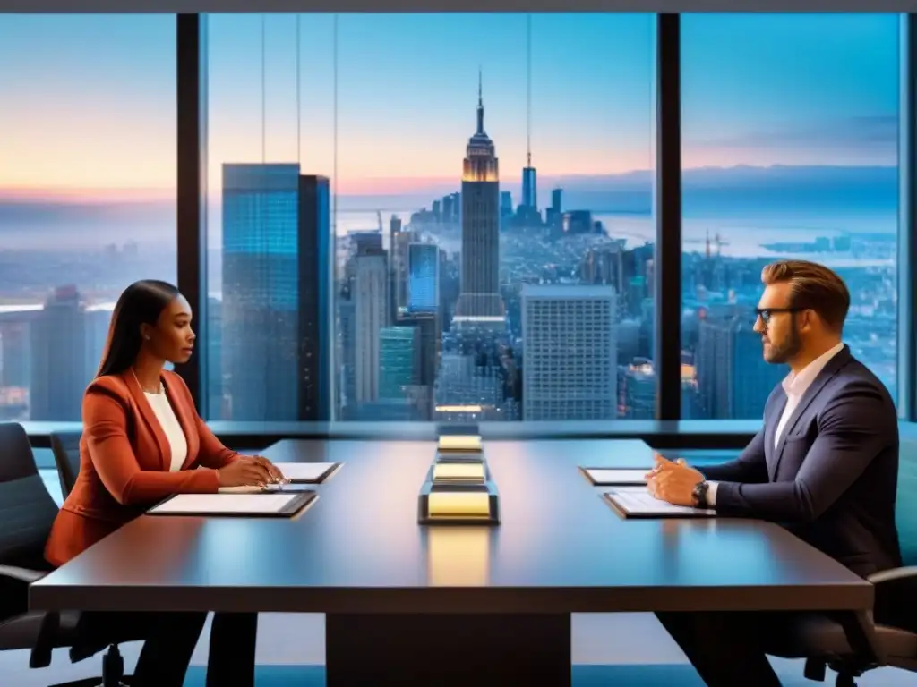 Equipo diverso planificando el futuro financiero juntos Equipo diverso colaborando para recuperar estabilidad financiera post crisis en una sala contemporánea con vista a la ciudad al atardecer