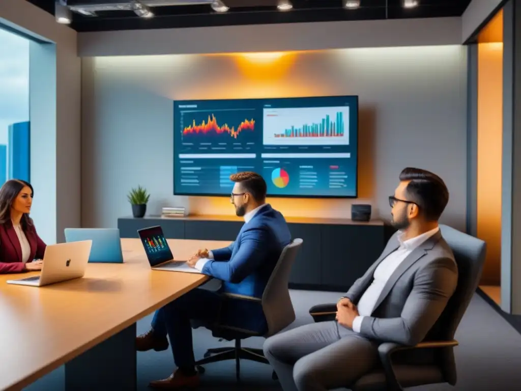 Reunión estratégica de marketing en oficina moderna Equipo diverso planifica estrategia de video marketing para promoción propiedades inmobiliarias en moderna oficina