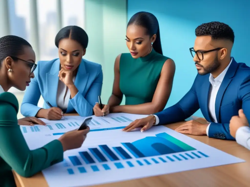 Reunión de profesionales: estrategias financieras y colaboración diversa Equipo diverso discutiendo estrategias financieras en mesa con gráficos y planos