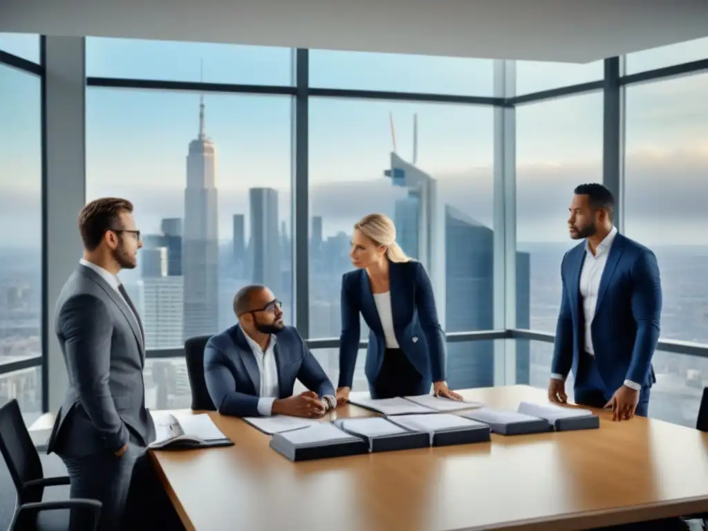 Equipo diverso debatiendo estrategias financieras para renovaciones inmobiliarias en oficina moderna con documentos legales