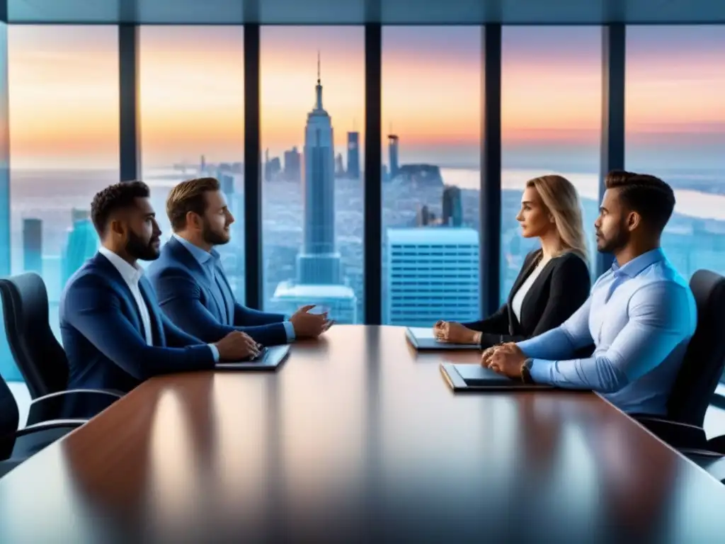 Equipo diverso planifica estrategias financieras en sala ultramoderna Equipo diverso discutiendo estrategias financieras en un moderno y futurista boardroom con vistas a la ciudad al atardecer