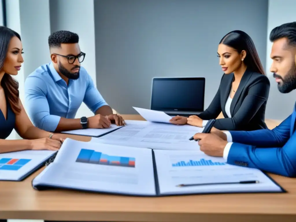 Profesionales diversificados planifican estrategias inmobiliarias Equipo diverso discute estrategias de inversión inmobiliaria