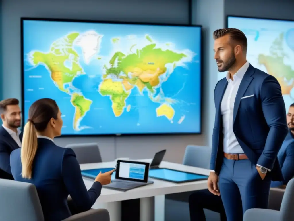 Equipo experto en inversión inmobiliaria global Un equipo diverso y experto en una sala de juntas moderna discutiendo estrategias para invertir en propiedades extranjeras