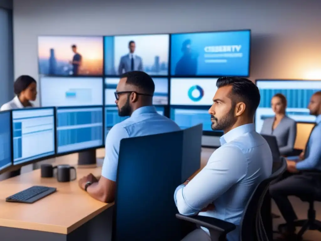 Equipo de ciberseguridad audita plataforma de financiamiento inmobiliario Equipo diverso de expertos en ciberseguridad realizando auditorías de seguridad en plataforma financiera inmobiliaria