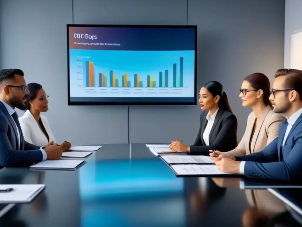 Expertos financieros negociando tasas de interés en una mesa moderna Equipo diverso de expertos financieros negociando mejor tasa interés hipoteca en moderna oficina