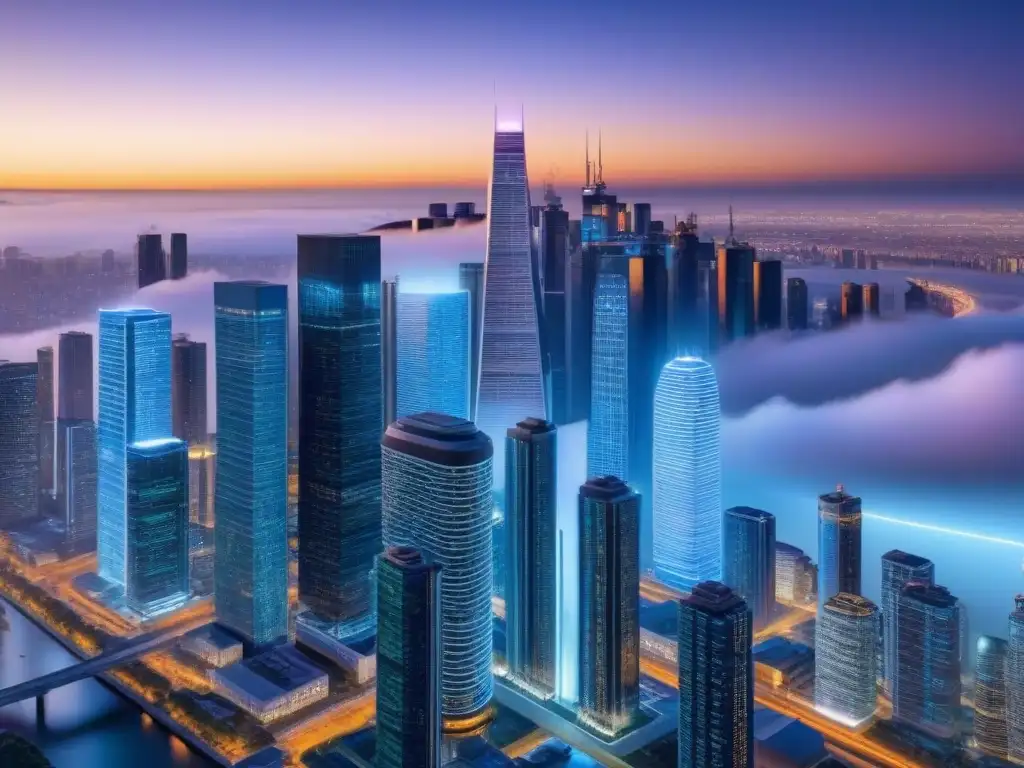 Un equipo diverso de expertos en Inteligencia Artificial en tasaciones inmobiliarias discute frente a una ciudad futurista con rascacielos modernos