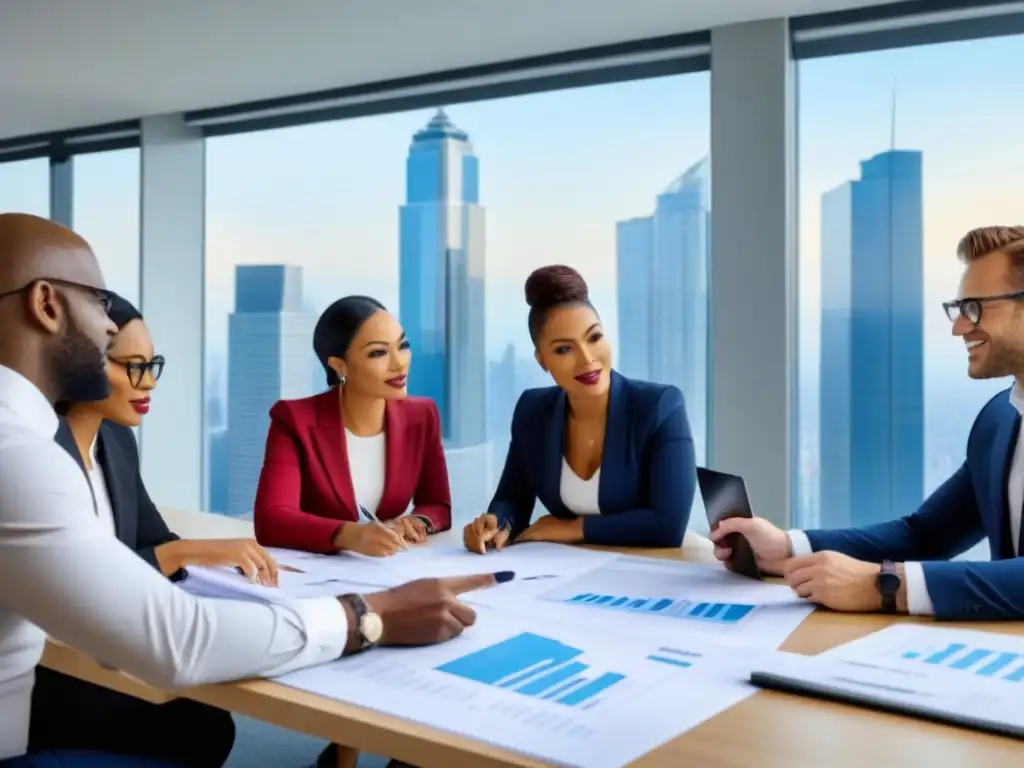 Equipo diverso de profesionales exitosos en finanzas inmobiliarias Equipo diverso discute financiamiento inmobiliario con planos y gráficos en moderna oficina urbana