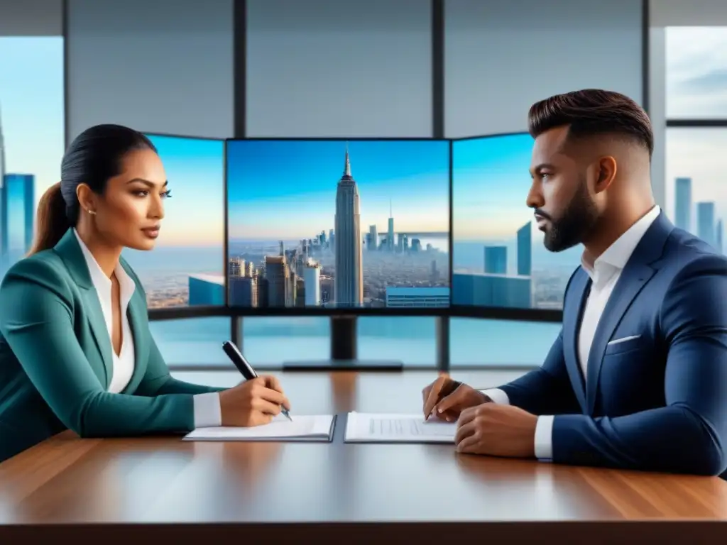 Equipo diverso en diligencia financiera en sala de juntas elegante Equipo diverso realiza Due Diligence Financiera Bienes Raíces en sala elegante y moderna