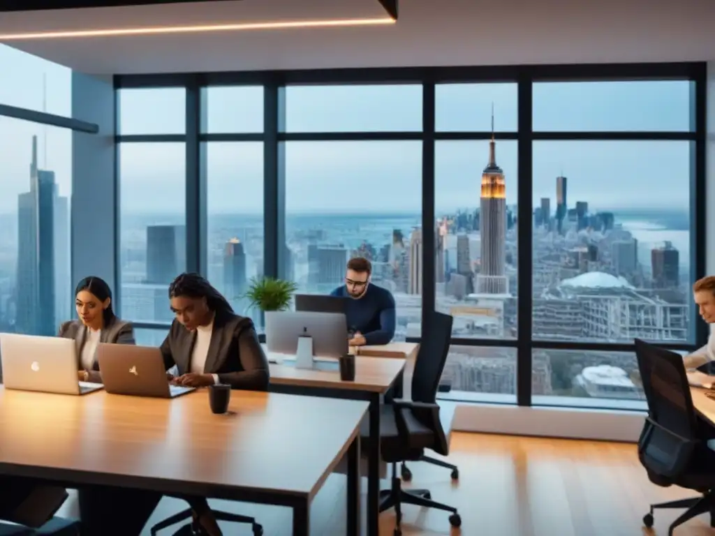 Colaboración multicultural en coworking moderno Equipo diverso de freelancers colaborando en un coworking moderno, con ventana panorámica de ciudad