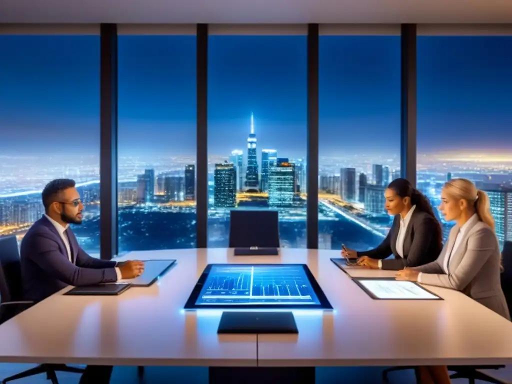 Innovación financiera en la sala de juntas futurista Equipo diverso ideando garantías en financiamiento inmobiliario en moderna sala de reuniones futurista con vista nocturna de la ciudad