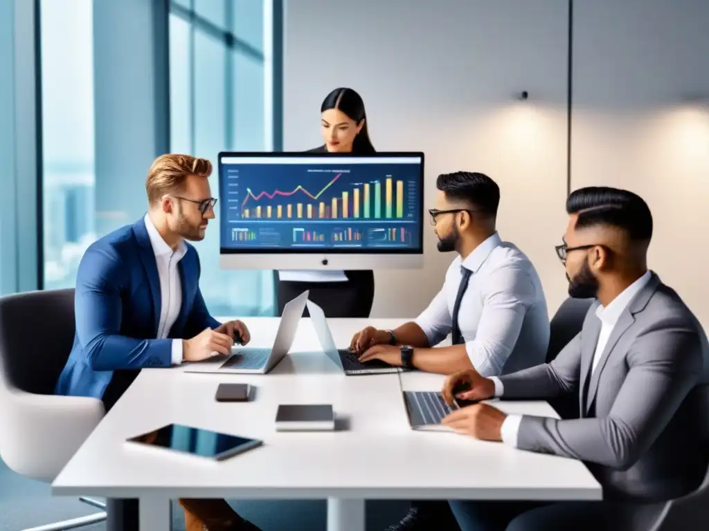 Profesionales innovadores analizan gráficos financieros en oficina moderna Equipo diverso analiza gráficos financieros en oficina moderna