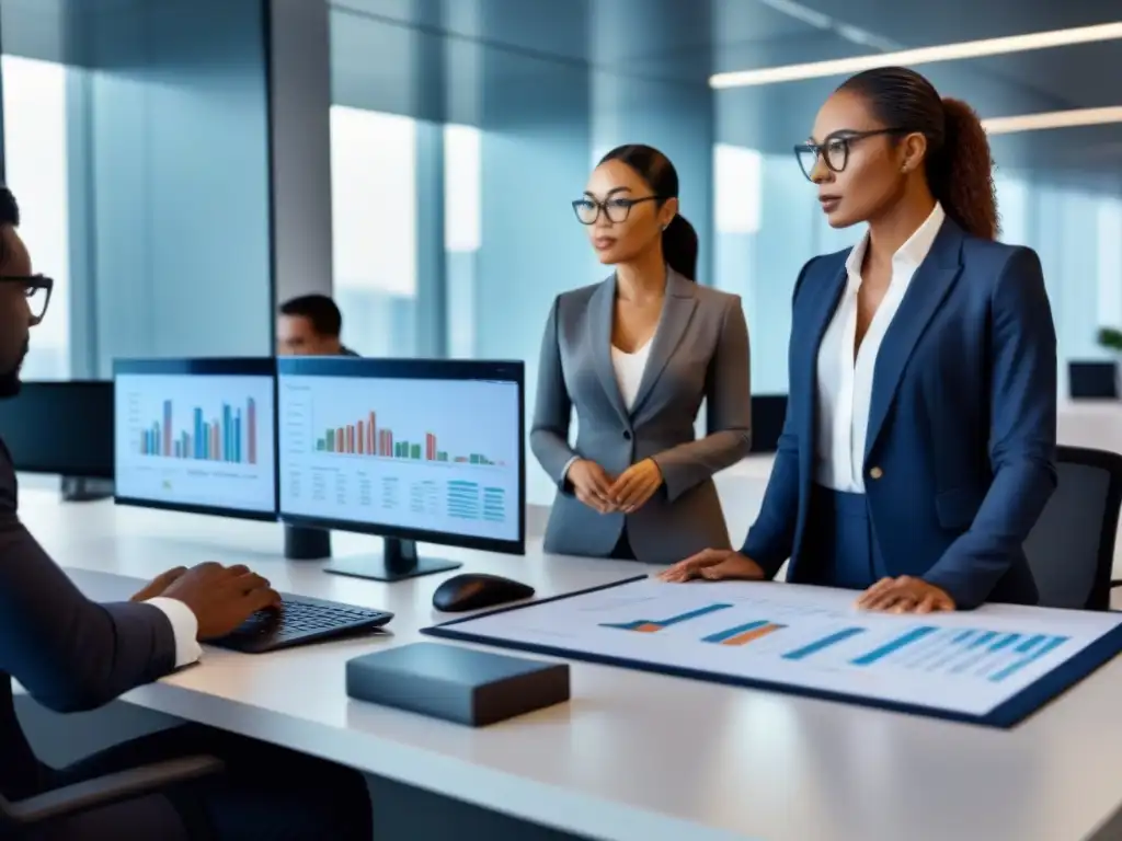 Profesionales analizando gráficos de inversión en oficina moderna Equipo diverso analizando gráficos de inversión en oficina moderna