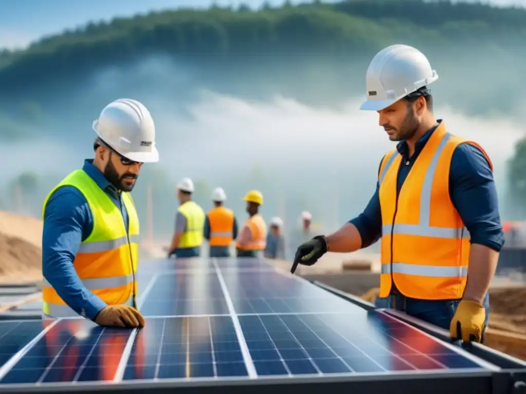 Equipo diverso construyendo proyecto sostenible con tecnología avanzada Un equipo diverso de ingenieros y trabajadores colaborando en un proyecto de construcción sostenible