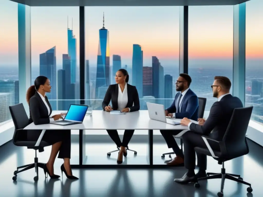 Profesionales debatiendo estrategias financieras en sala moderna con tecnología avanzada Un equipo diverso e innovador discute estrategias financieras en una sala de juntas moderna con vista a la ciudad al atardecer