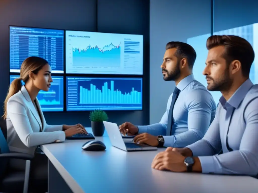 Equipo de inversores analizando REITs en oficina futurista Un equipo diverso de inversionistas analiza REITs inmobiliarios en una oficina futurista, con gráficos y datos financieros, bañados en luz azul