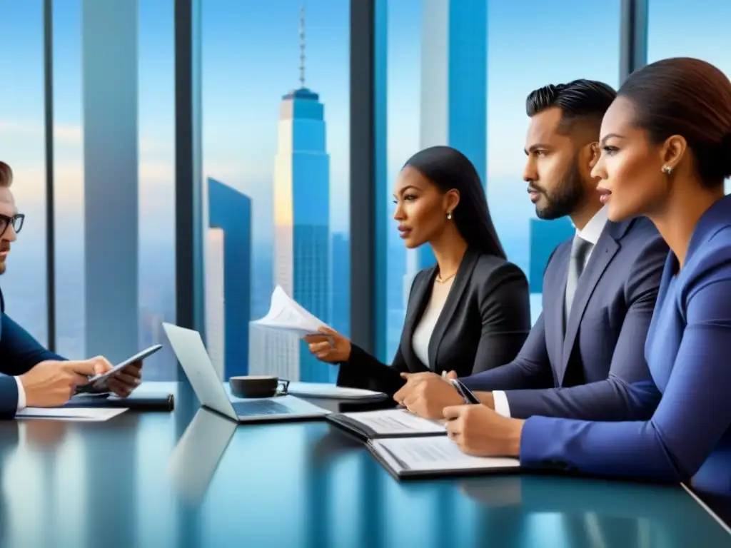 Inversores analizan estrategias de reestructuración de deuda inmobiliaria Equipo diverso de inversores revisando documentos y debatiendo estrategias, con vista a la ciudad