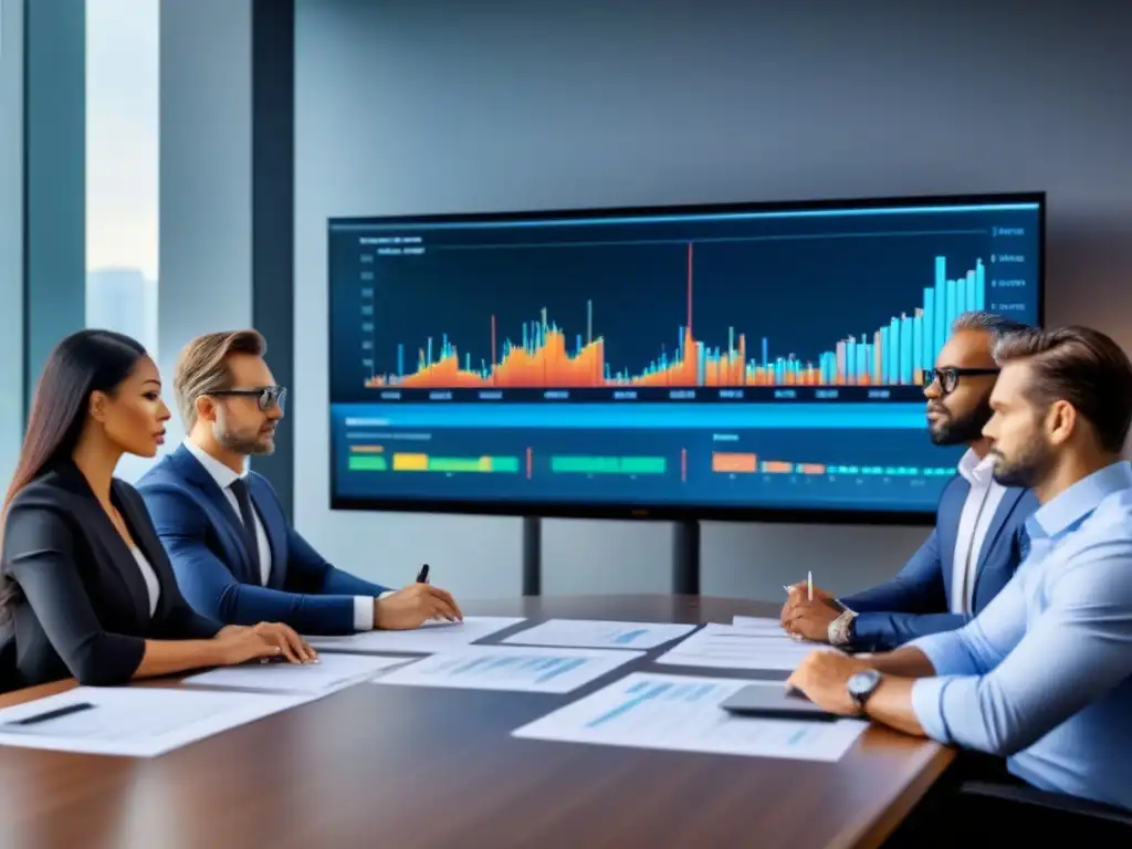 Inversionistas expertos analizan gráficos financieros en sala de juntas Equipo diverso de inversores analizando gráficos financieros en una sala sofisticada
