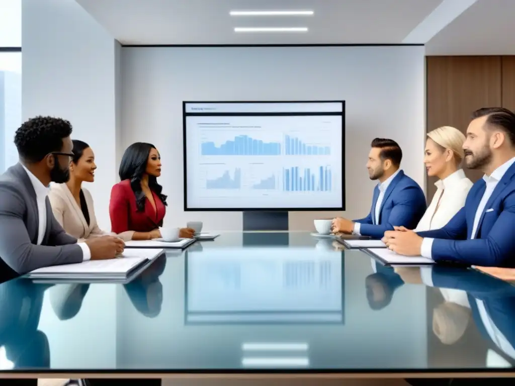 Reunión profesional en sala de juntas moderna Un equipo diverso colabora en una mesa de reuniones moderna, con planos y gráficos financieros, en una sala de diseño contemporáneo