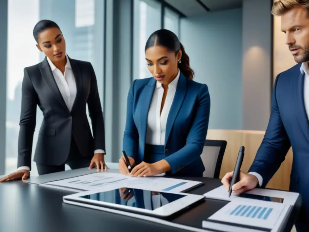 Equipo de profesionales en oficina moderna: real estate synergy Equipo diverso en moderna oficina inmobiliaria, colaborando con profesionalismo