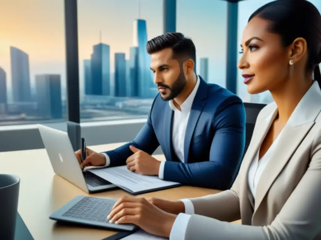 Profesionales colaborando en moderna oficina - Diversidad y trabajo en equipo Equipo diverso en moderna oficina, colaborando en documentos y discutiendo regulaciones locales financiamiento inmobiliario