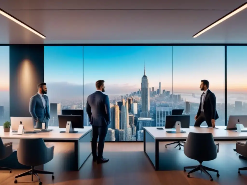 Oficina futurista con equipo diverso y holograma inmobiliario Un equipo diverso colabora en un moderno espacio de oficina con vista panorámica a la ciudad, rodeado de tecnología futurista