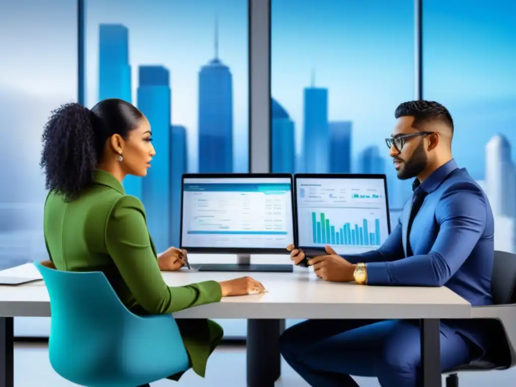 Equipo diverso planificando estrategia inmobiliaria futurista Un equipo diverso y moderno planifica estrategias de comisiones afiliados préstamos inmobiliarios en una oficina contemporánea con vista a la ciudad