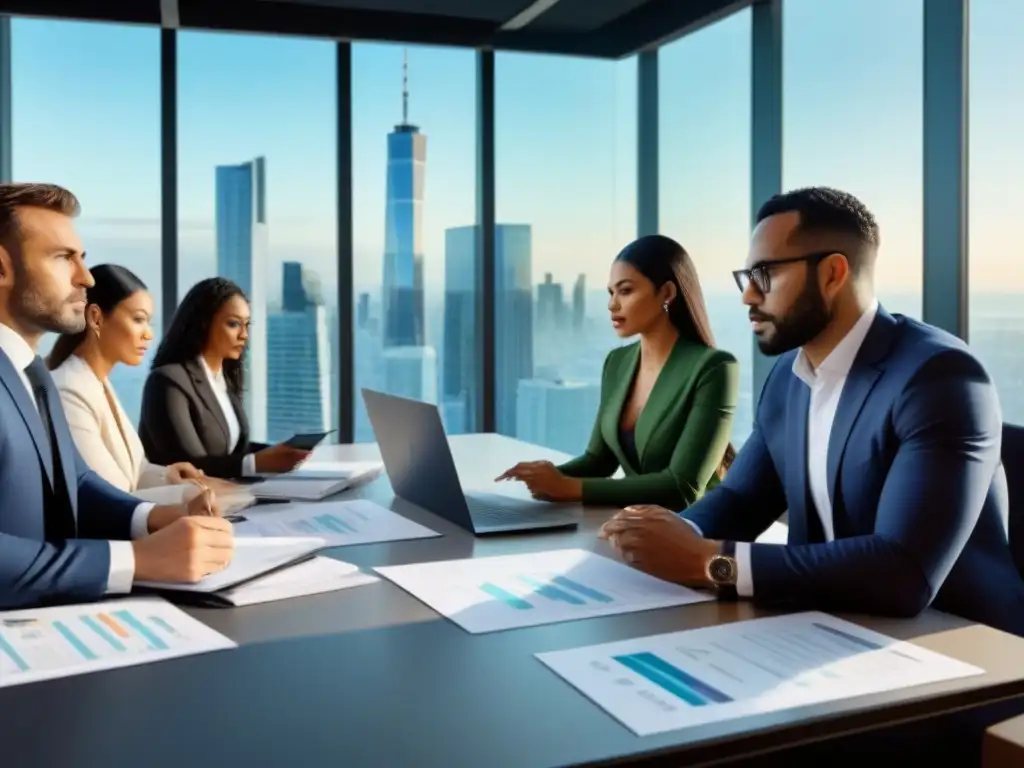 Profesionales en reunión sobre prevención de lavado de dinero Un equipo diverso revisa normativa prevención blanqueo capitales inmobiliario en moderna oficina con tecnología sofisticada