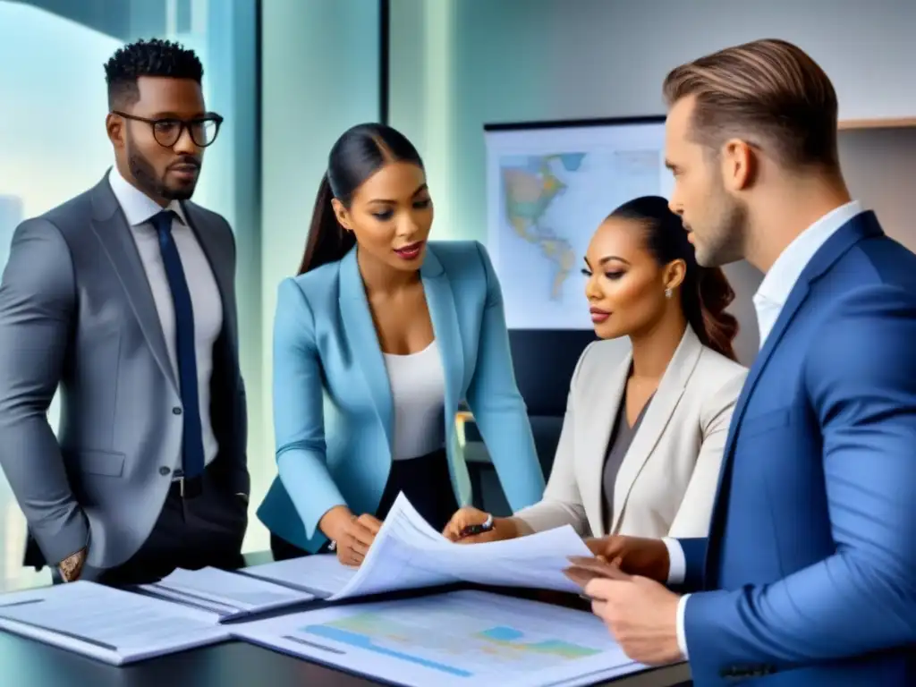 Equipo diverso discute normativa local inversión inmobiliaria en oficina moderna