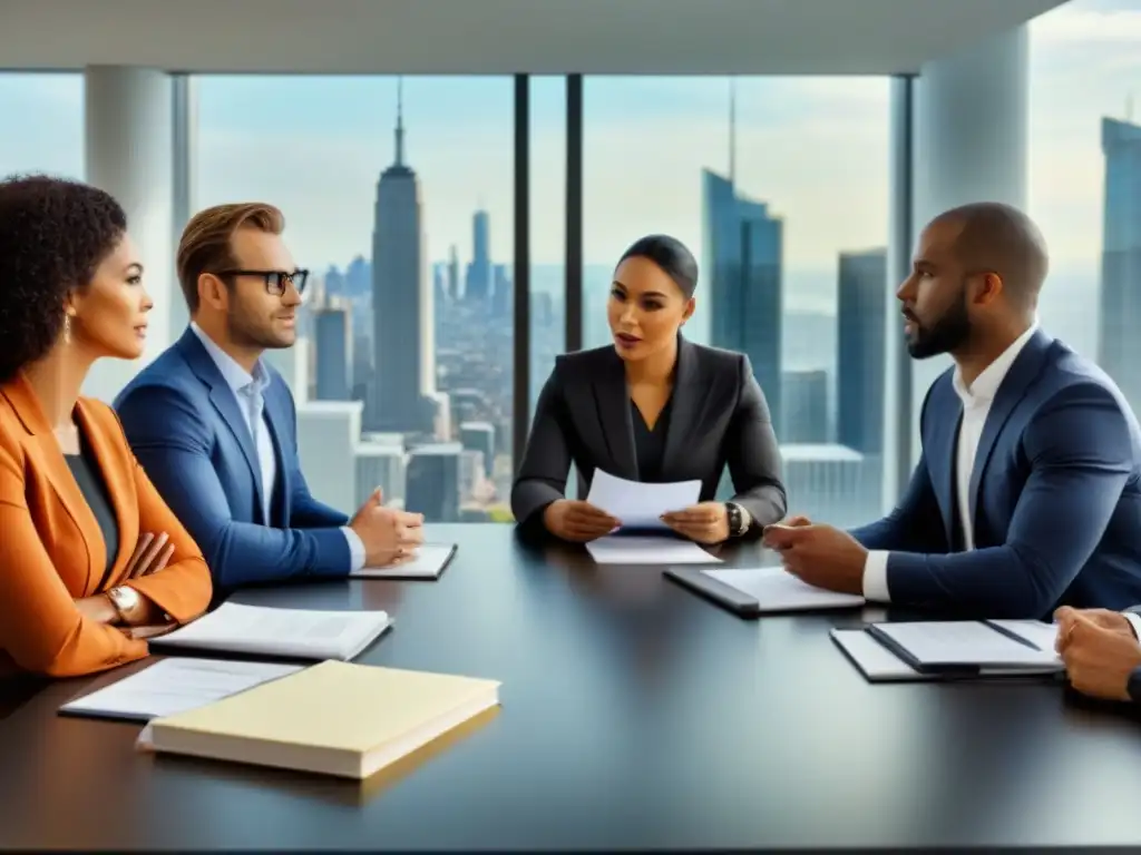 Profesionales diversificados en reunión de inversiones inmobiliarias Equipo diverso en una oficina elegante discutiendo sobre inversiones inmobiliarias, con documentos y vistas de la ciudad