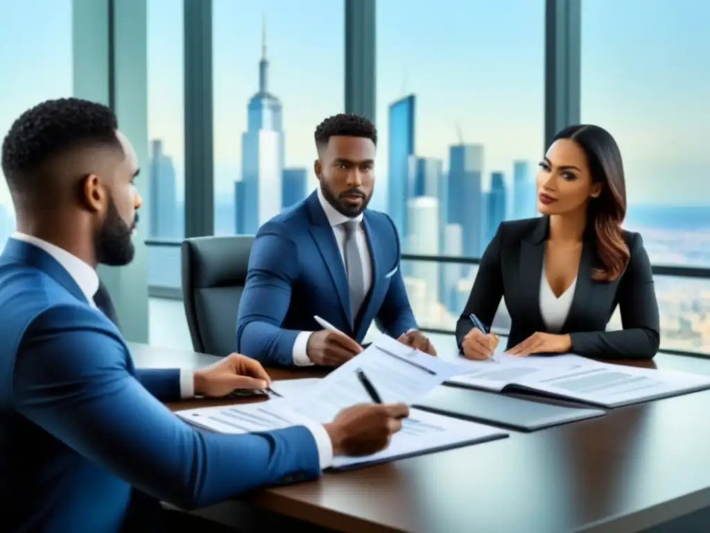 Equipo de profesionales en reunión financiera en oficina moderna Equipo diverso en una oficina elegante, discutiendo documentos financieros con vista a la ciudad