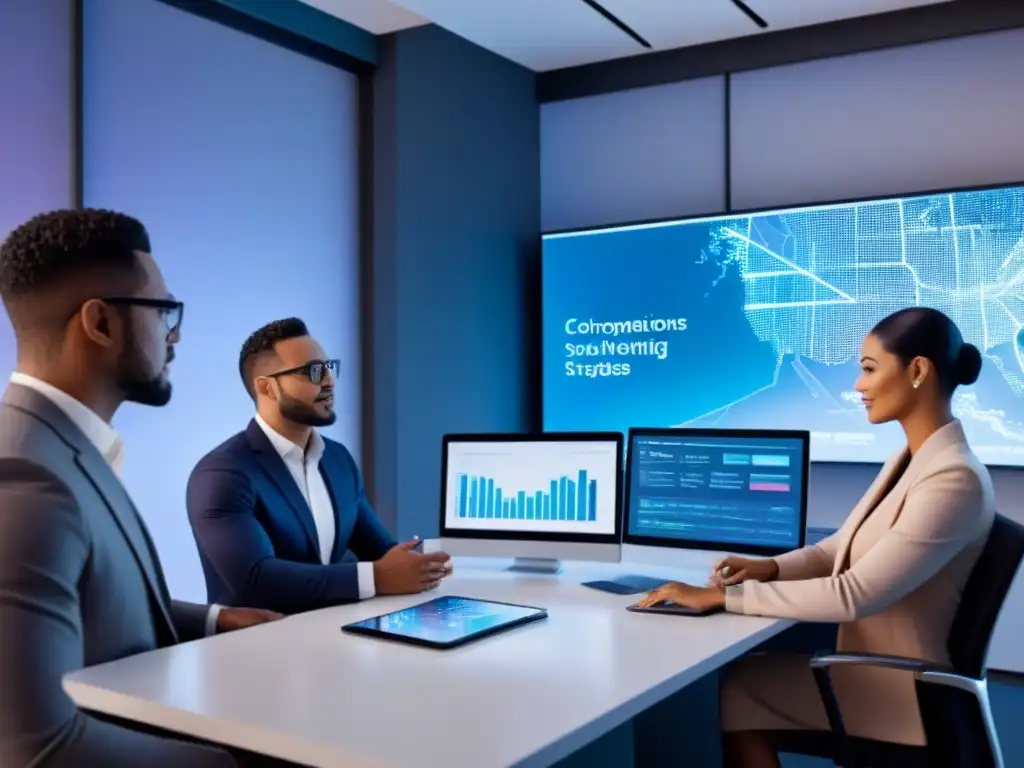 Profesionales colaborando en oficina futurista con tecnología avanzada Un equipo diverso colabora en una oficina futurista con tecnología avanzada, discutiendo estrategias de marketing digital