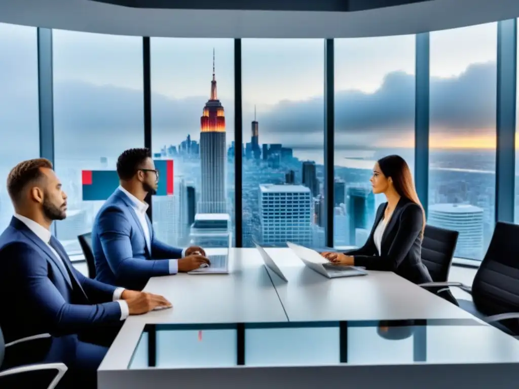 Innovación en Financiamiento Inmobiliario: Equipo Diverso y Tecnología Futurista Equipo diverso en oficina futurista colabora en análisis financiero inmobiliario con IA