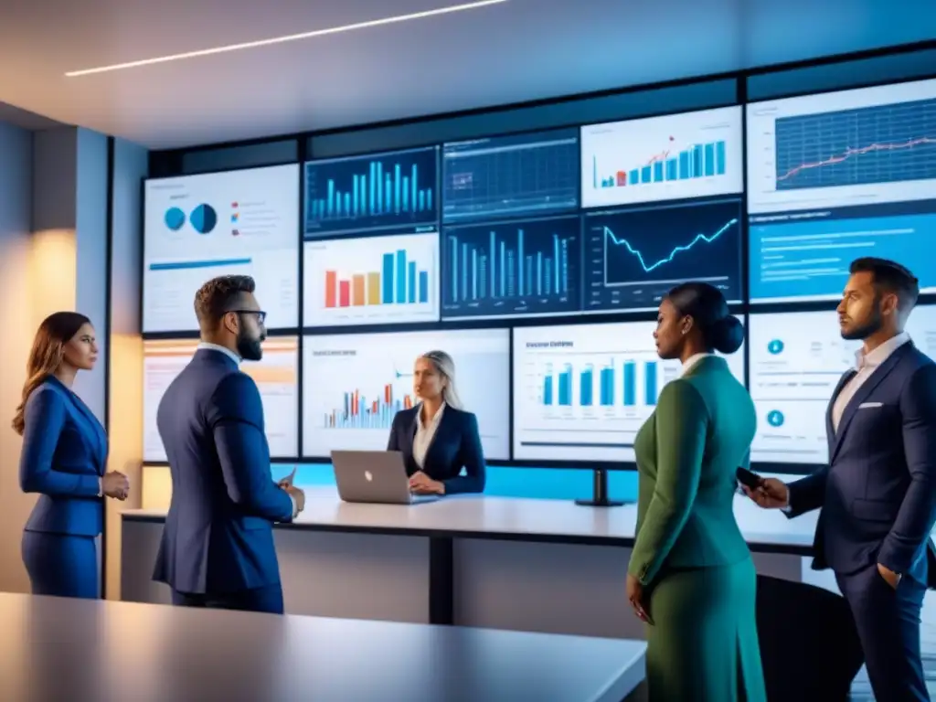 Equipo diverso en análisis de due diligence con tecnología avanzada Equipo diverso en oficina hightech realiza minucioso análisis financiero inmobiliario