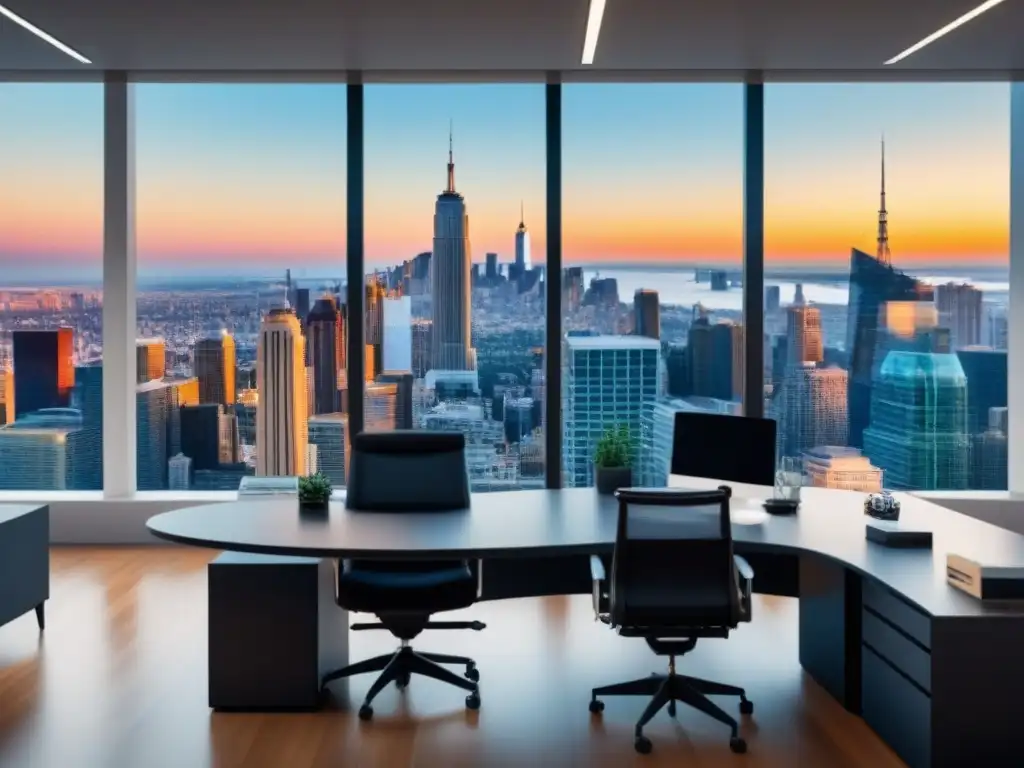 Oficina inmobiliaria ultradetallada con tecnología de vanguardia Equipo diverso en una oficina inmobiliaria moderna con herramientas digitales y vistas urbanas