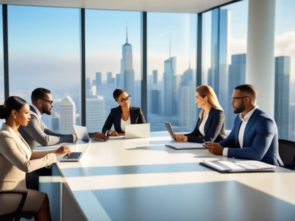 Equipo profesional en oficina luminosa: colaboración efectiva Equipo diverso colaborando en una oficina luminosa con vista a la ciudad